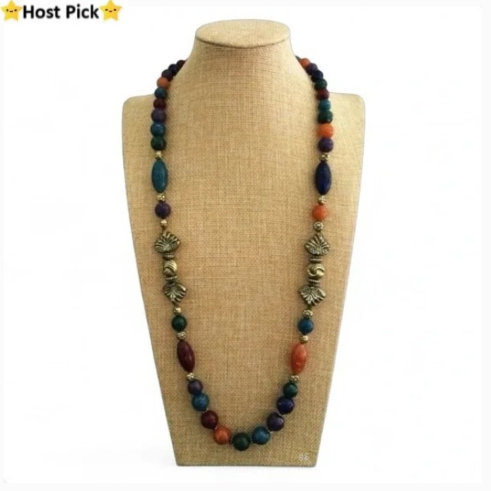 Vtg Multicolored Speckled Lucite & Ornate Gold-tone Beaded Necklace 30" L